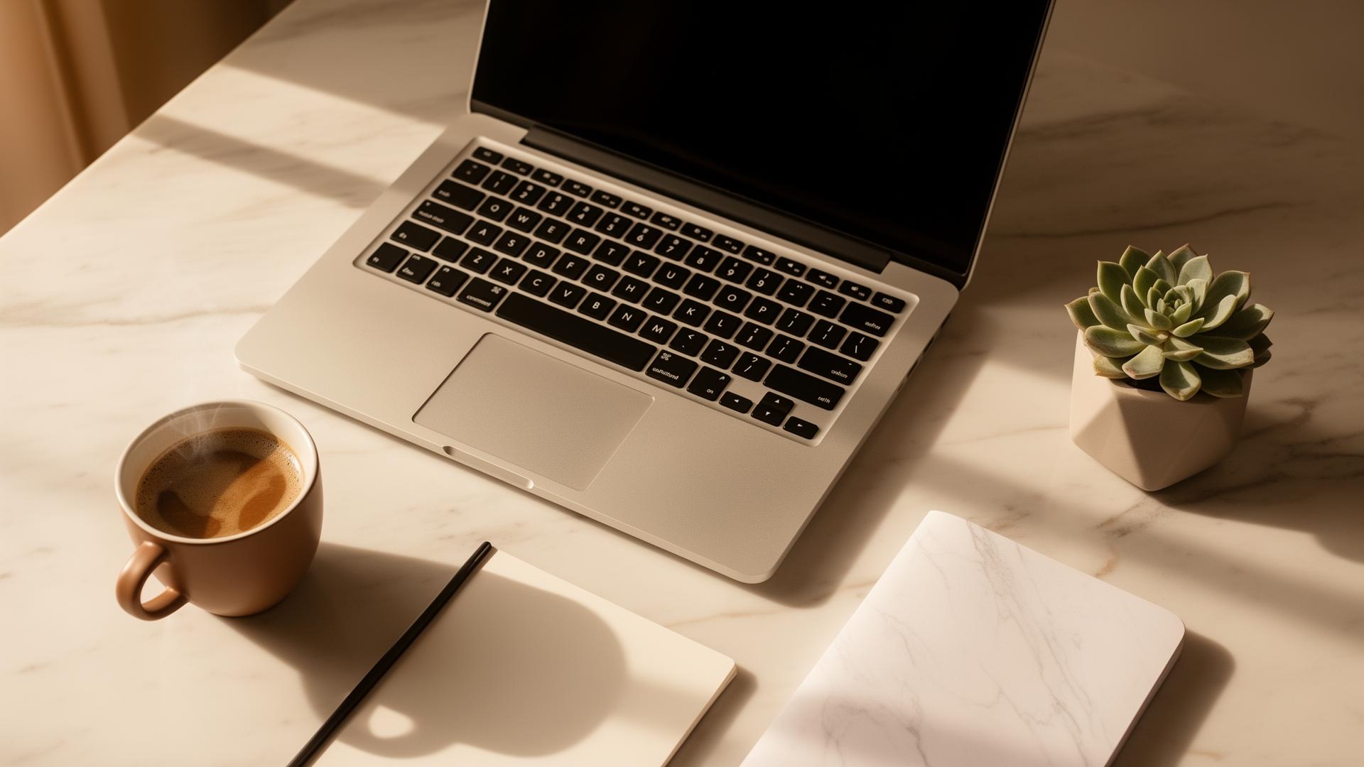 Marketing workspace with laptop and coffee